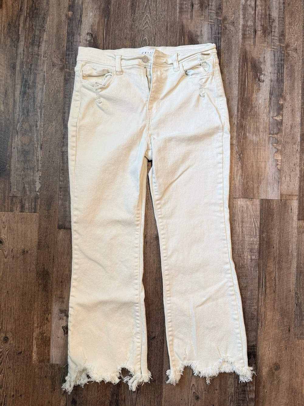 Mid-Rise, Ankle Length, Distressed Cream Jeans